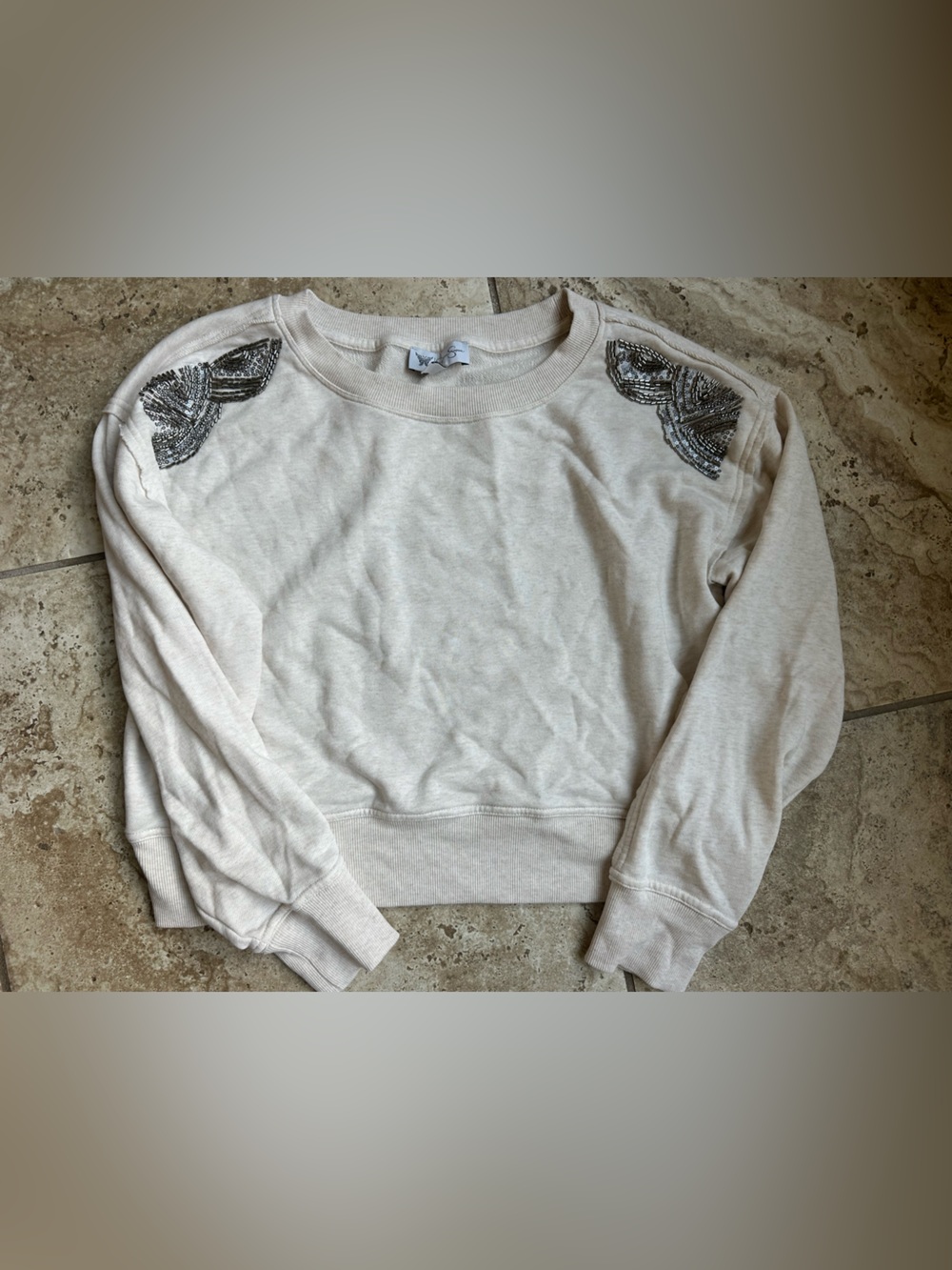 Jessica Simpson Cream Crewneck Sweatshirt with Shoulder Beading